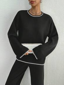 SHEIN Tall 女款純色圓領長袖簡約上衣與長褲套裝，適合高個女性 - 黑與白 - 查看 6