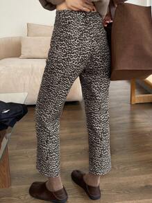 DAZY 牛仔紧身牛仔裤，豹纹常规版型直筒裤，四季皆宜 - 卡其色 - 查看 2