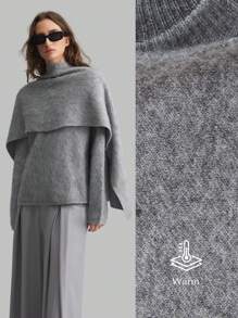 Ontre 女士灰色长袖针织毛衣配围巾领，温暖休闲，适合春季，2025 年新品系列