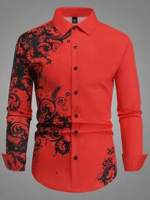 Manfinity LEGND Men's Autumn Floral Print Single-Breasted Casual Long Sleeve Shirt - Red - View 3