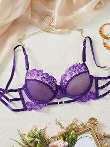 女士纯色蕾丝拼接吊带简约细肩带内衣文胸，适合日常休闲穿着 - 紫色 - 查看 3