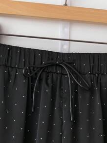 Franclia 1 pieza Pantalones de pierna recta sueltos con cintura alta, elástica y con cordón en satén con rhinestones para mujer