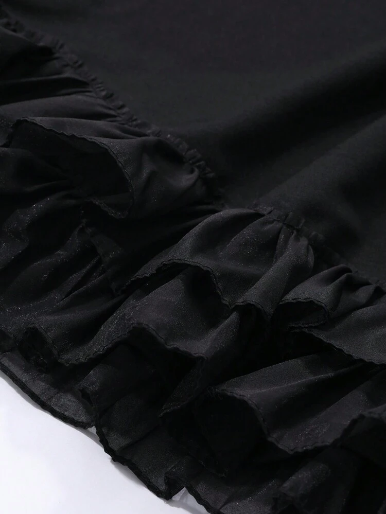 Women Asymmetrical Hem Ruffle Splice Short Sleeve T-Shirt