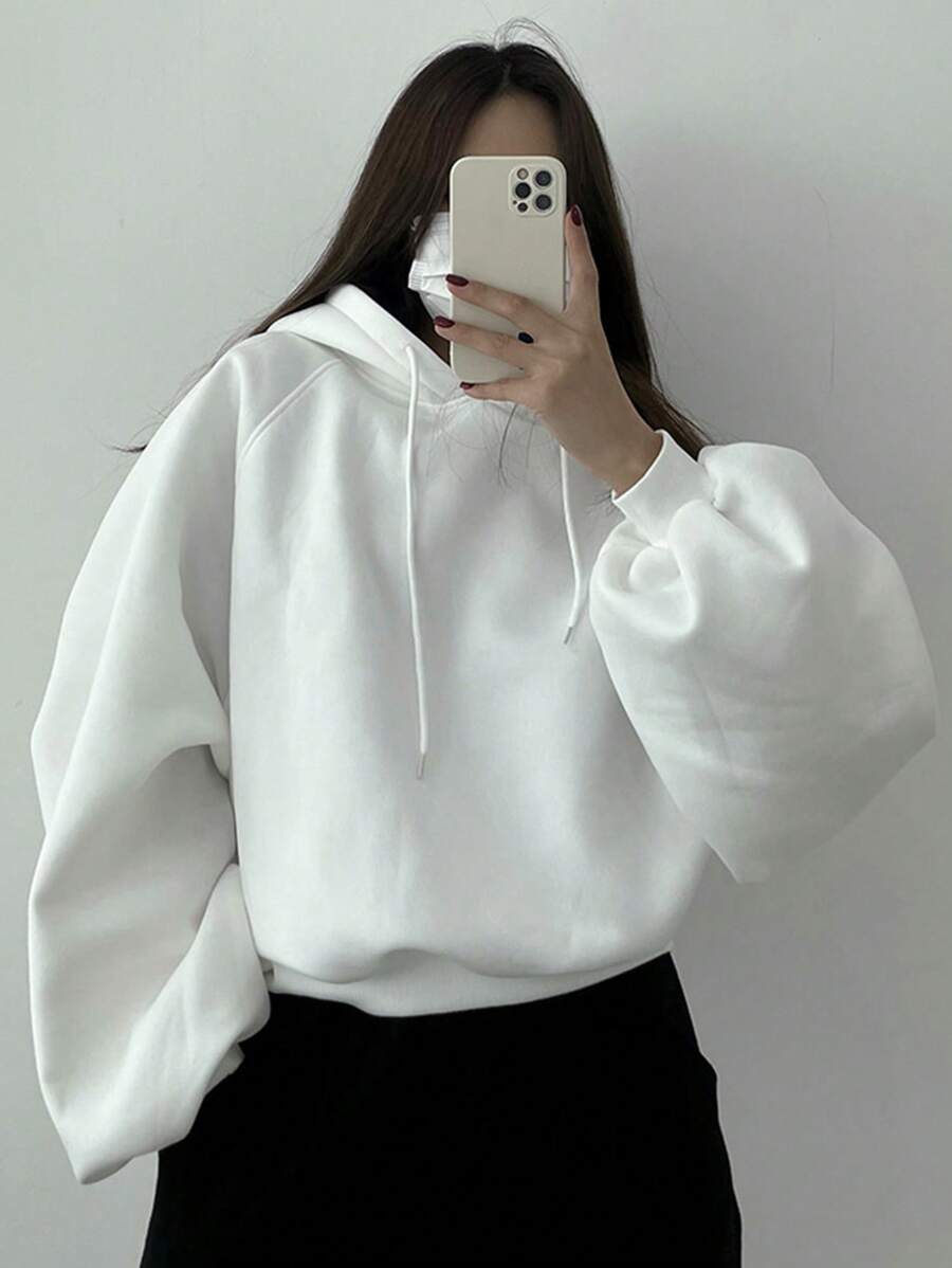 DAZY 女士纯色连帽宽松短款卫衣，秋季服装连帽衫 - 白色 - 查看 1