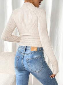 SHEIN Frenchy 女士纯色圆领长袖褶皱罗纹修身 T 恤（秋季）