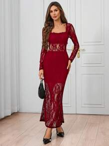SHEIN Clasi Women's Fashionable Versatile Fashion Black Lace Mermaid Party Dress, Autumn/Winter