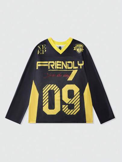 Street Life Maglietta a maniche lunghe da uomo in stile urban street con stampa di maglia da basket, top sportivo in tessuto lucido e a rete