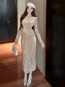 纯色V领女士中长修身连衣裙，适合派对、秋季服装、返校节礼服、奢华舞会礼服、新年晚礼服、嘉年华闪亮礼服 - 杏色 - 查看 9