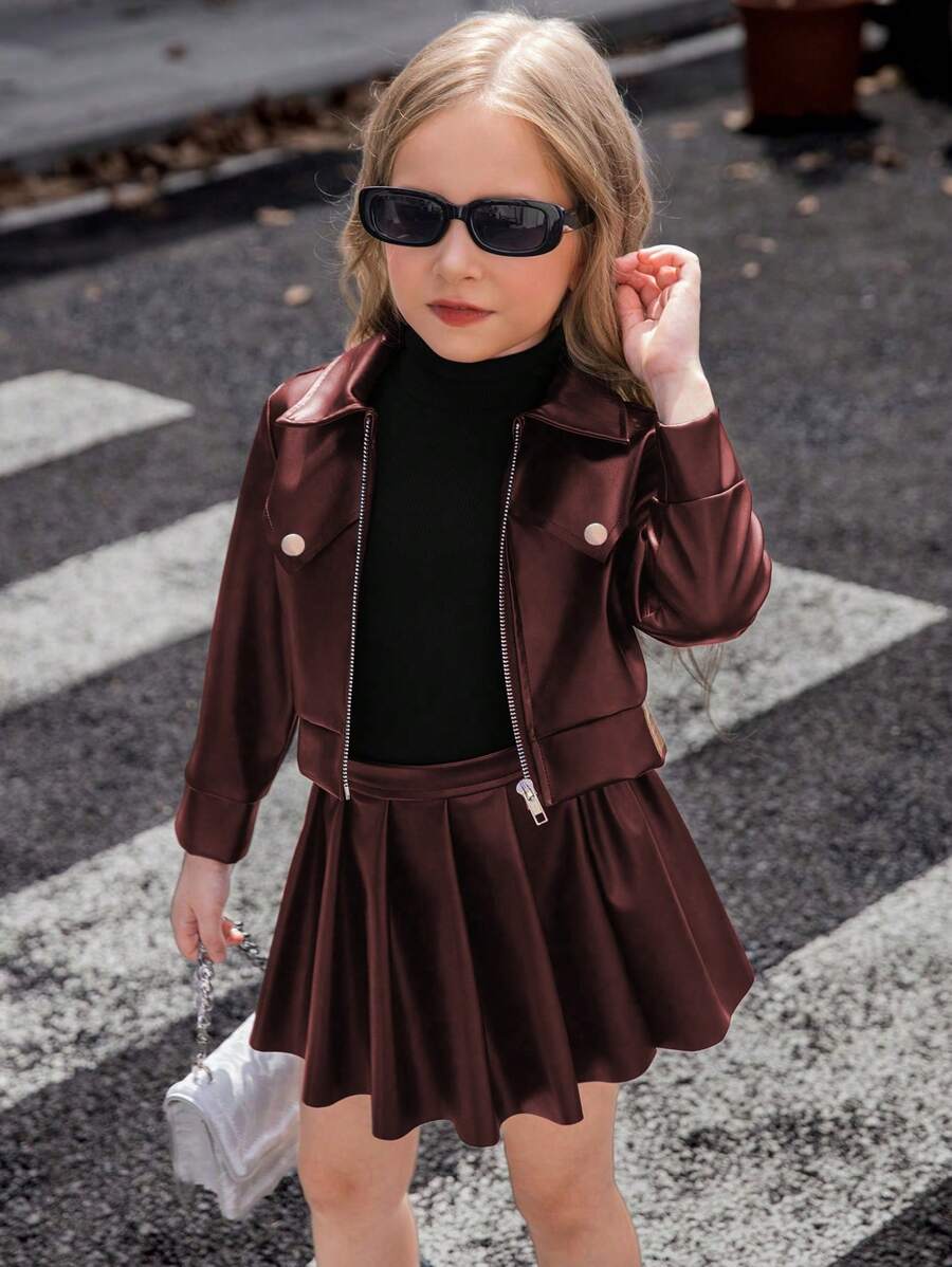 3 件套：黑色长袖常规肩部皮夹克、酒红色高领上衣和迷你皮裙，适合年轻女孩的休闲甜美时尚风格，秋冬 - 酒紅色 - 查看 1