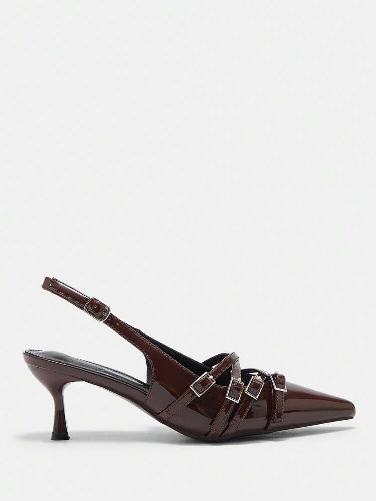 CUCCOO BIZCHIC Zapatos de tacón alto de punta fina con múltiples correas y hebilla en color marrón café para mujer