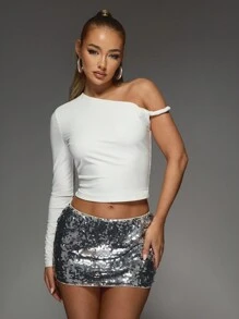 MISSGUIDED Asymmetric Neckline One Long Sleeve Knot Top