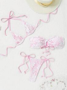 3pcs/Set Summer Beach Lace Triangle Bikini Top & Wrap Side Tie Bikini Bottom - Multicolor - View 4