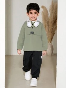 SHEIN Young Boy Front Button Long Sleeve Simple Casual Hooded Jacket