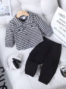 SHEIN Playful Pals 男婴休闲时尚优雅千鸟格印花短外套搭配黑色裤子，适合春秋季节 - 黑與白 - 查看 7