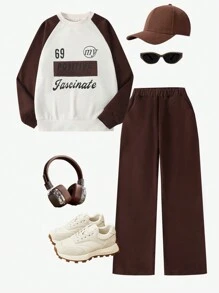 Pantalones rectos con estampado en inglés de estilo callejero informal para niñas preadolescentes, adecuados para salir diariamente, estilo callejero, primavera/otoño - Marrón - Ver 3
