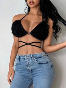 SHEIN SXY Women Sexy Solid Color Plush Criss-Cross Backless Knot Front Halter Top, Summer
