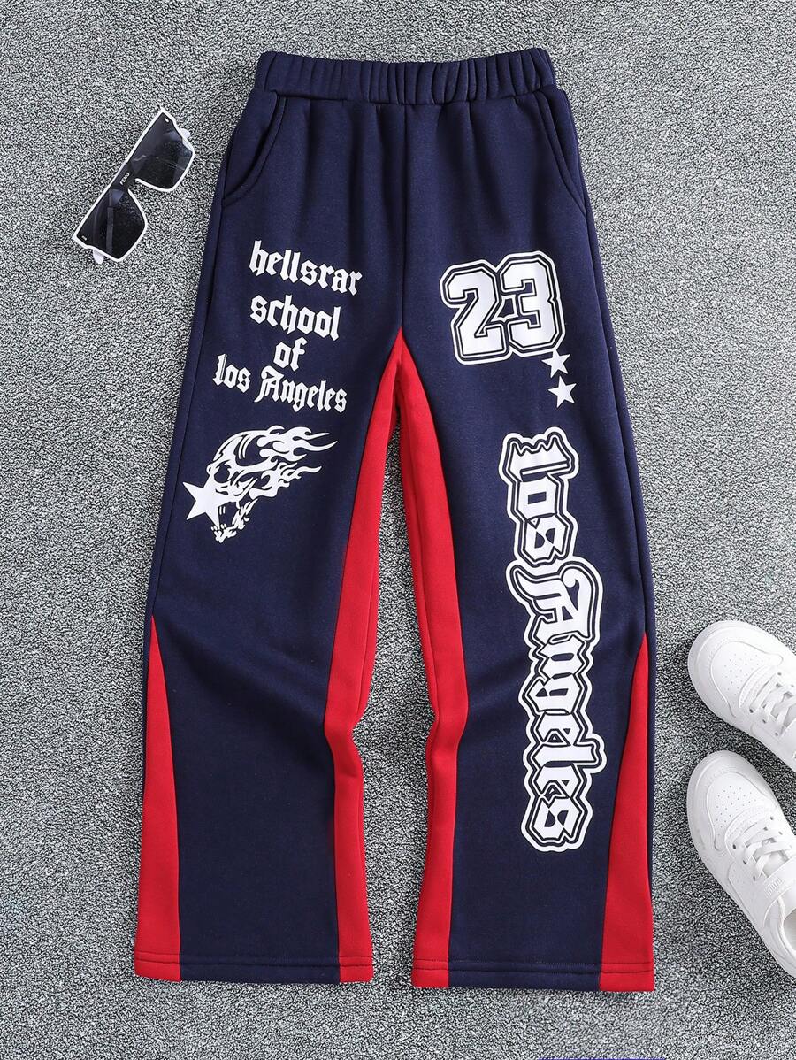 SHEIN Boys Cartoon & Letter Print Elastic Waist Drawstring Slanted Pockets Sports Sweatpants - Royal Blue - View 1
