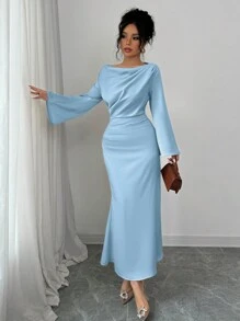 Rafferiza 修身优雅露肩荷叶边鱼尾下摆长裙，女式秋冬长款女装 - 淺藍色 - 查看 5