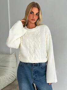 Aloruh Women's Casual Chic Cable Knit Wide Crew Neck Flare Sleeve Warm Loose Sweater, Autumn/Winter - White - View 3