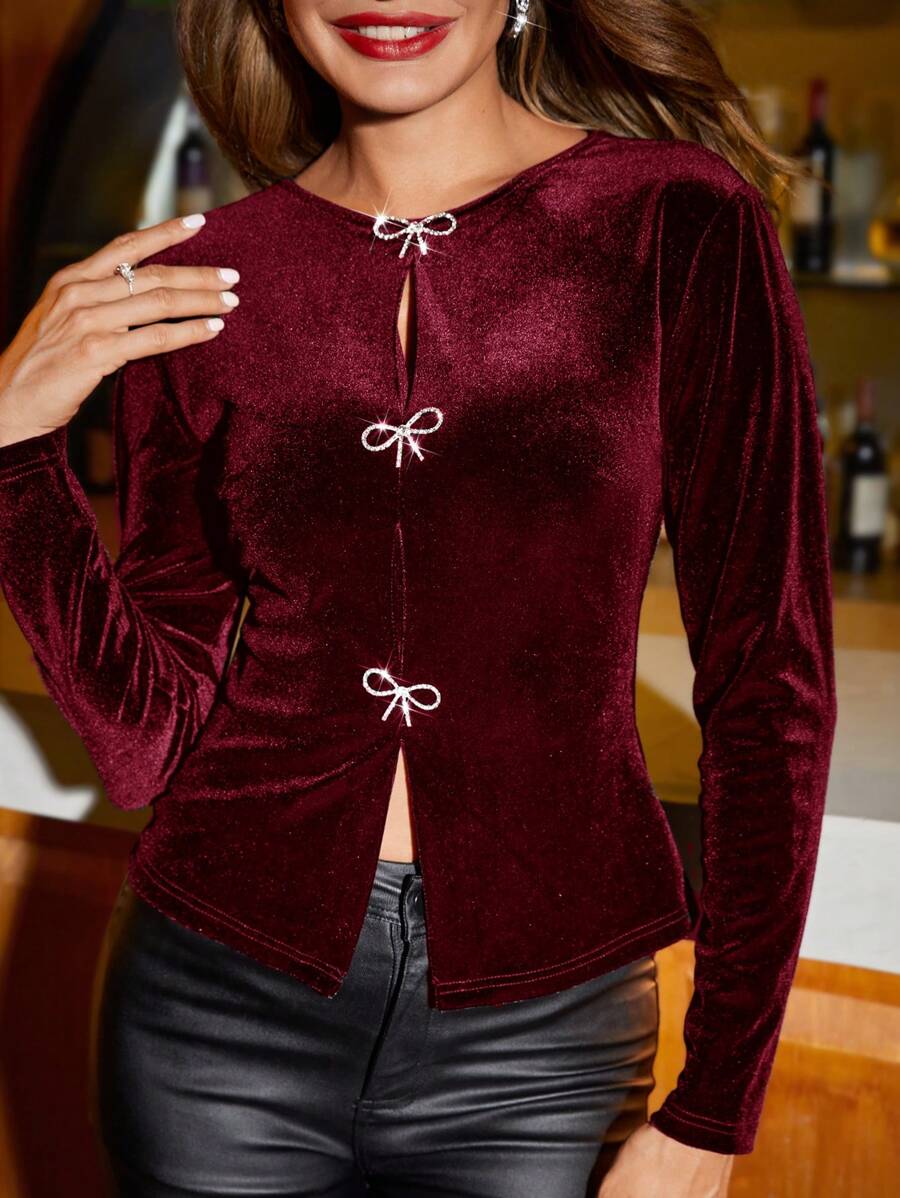 SHEIN Clasi 女士时尚百搭水钻蝴蝶结天鹅绒长袖上衣，适合秋冬季 - 酒紅色 - 查看 1