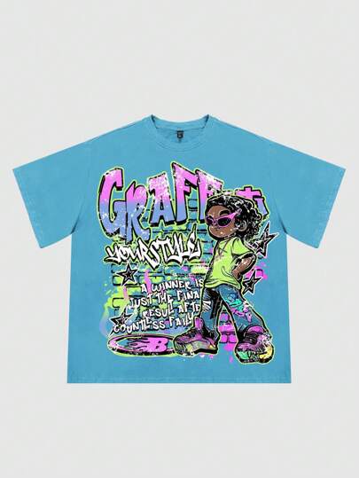 Street Life Camiseta ancha y pesada para hombre con estampado de letras y personajes