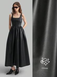 Ontre Vestito lungo elegante da festa con colletto quadrato, orlo oversize, estetica scura, in materiale PU, adatto per l'autunno e l'inverno - nero - Visualizzare 2