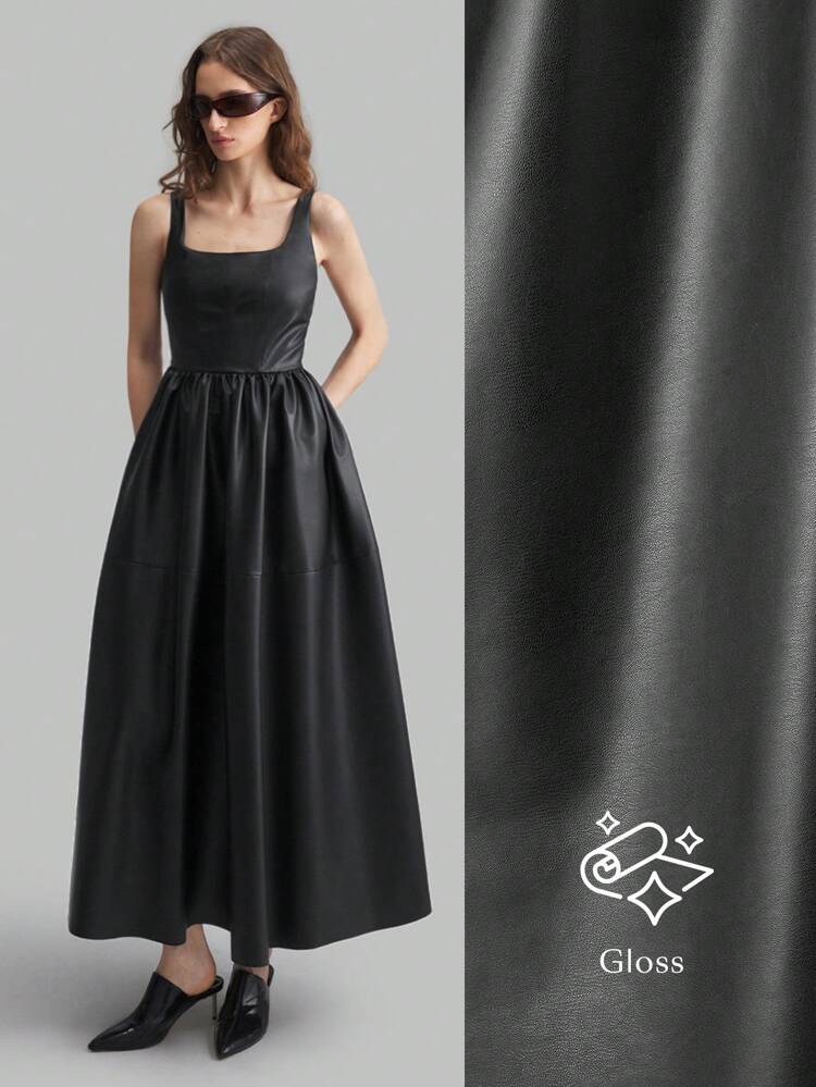 Black PU Square Neck Oversized Hem Dark Aesthetic High-End Long Party Dress, Autumn/Winter