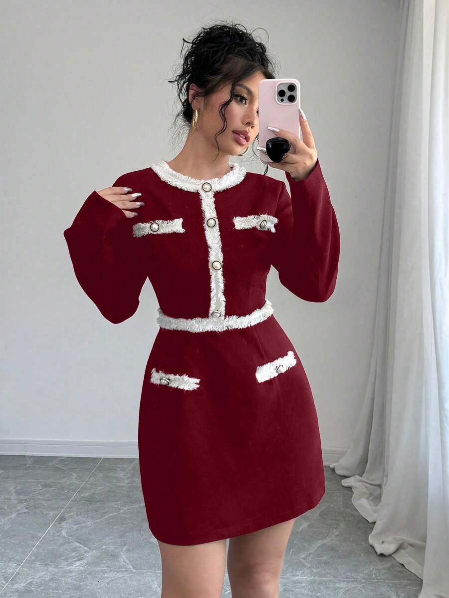 SHEIN Unity 女士纯色拼布前扣长袖口袋休闲短款连衣裙新年衣服 - 紅色 - 查看 1