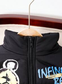 SHEIN Leap Crew Tween Girl 宽松休闲简约舒适立领卡通图案保暖棉服外套，秋冬 - 黑色 - 查看 3