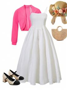 Set de 2 piezas para adolescentes (niñas): Cárdigan de manga larga casual y vestido de tirantes para uso diario y citas - Blanco - Ver 1