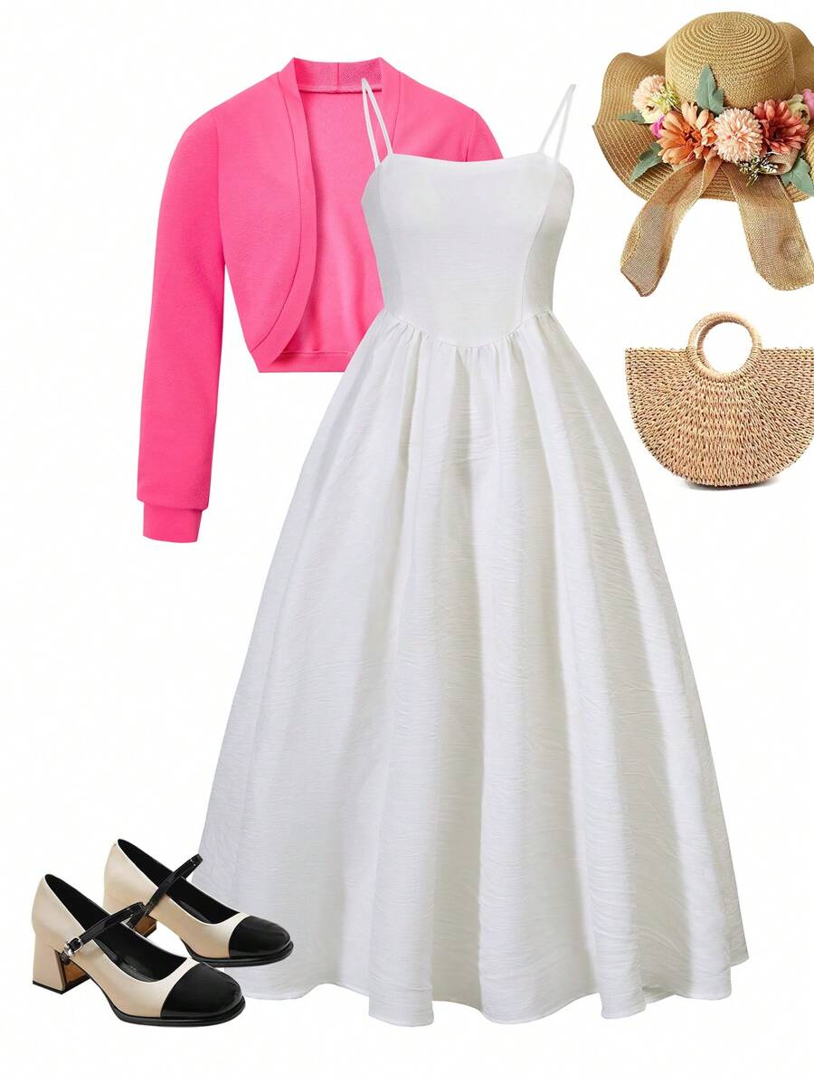 Set de 2 piezas para adolescentes (niñas): Cárdigan de manga larga casual y vestido de tirantes para uso diario y citas - Blanco - Ver 1