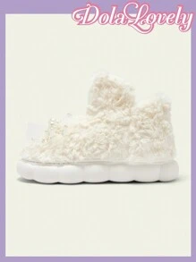 Dola Lovely 可爱仙人掌图案保暖拖鞋，蓬松包头保暖厚底女士家居拖鞋，秋冬新年假期 - 白色 - 查看 8