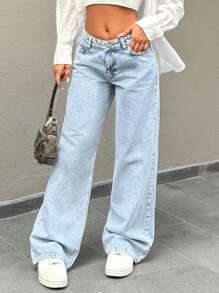 EURMUSE Low Waist Pocket Ripped Detailed Wide Leg Jean - Medium Wash - View 3