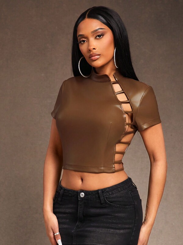 SHEIN SXY Summer;New Year's Elegant Sexy Nightclub Must Have Valentine's Day Casual Street Y3K ICON Brown PU Short-Sleeved Side Hollowed-Out Top With Oriental Standing Collar
