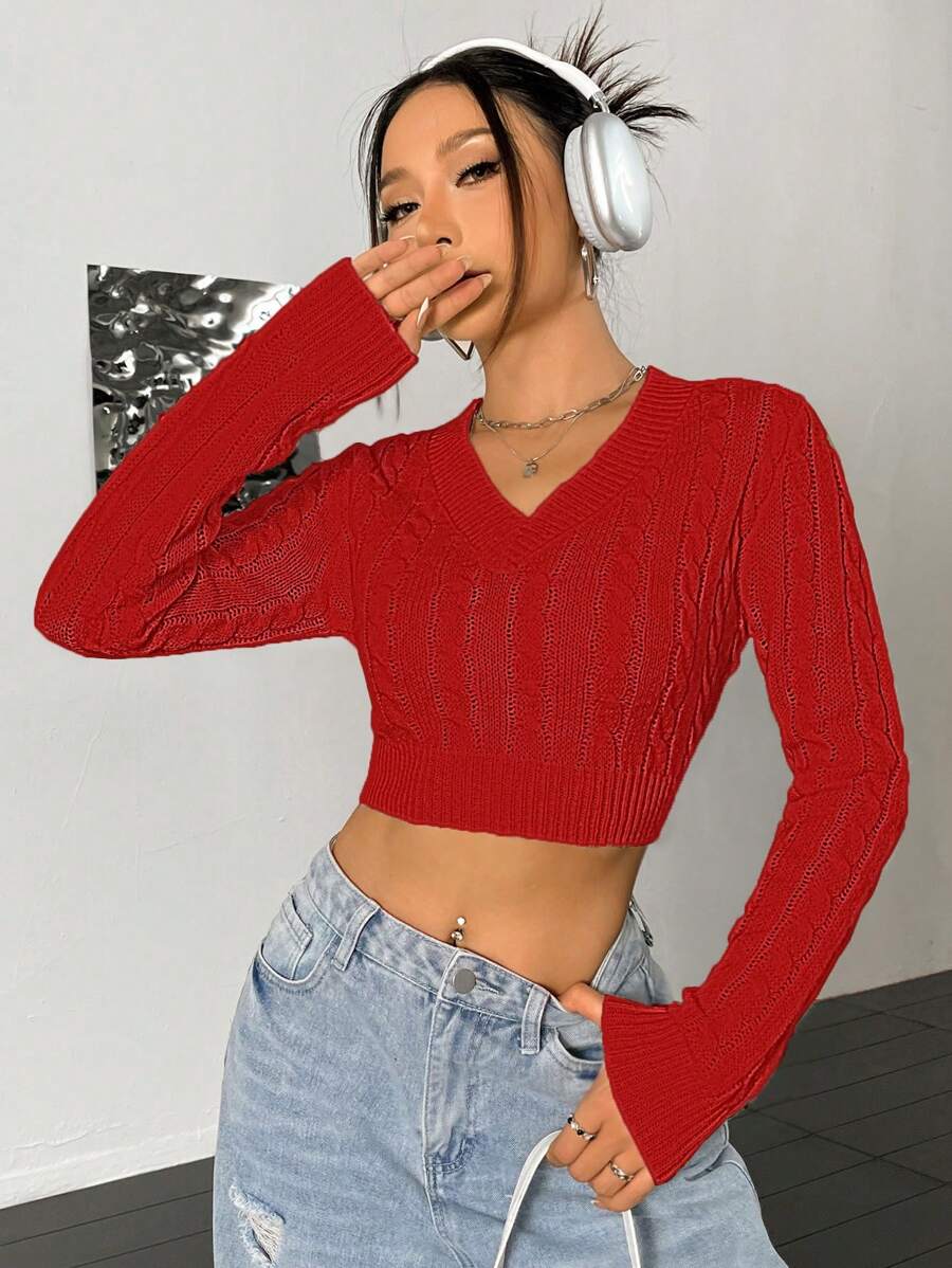Flirla 女士纯色麻花针织长袖休闲毛衣上衣，新年针织套头衫，秋冬季款 - 紅色 - 查看 1