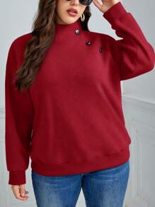 SHEIN LUNE Plus Size Women Stand Collar Button Trim Raglan Sleeve Casual Sweatshirt, Fall/Winter Christmas Women Clothes - Red - View 3