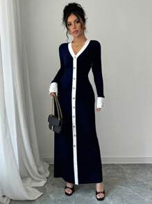 Selianne 女式长袖前扣双色连衣裙 女式长款套装 - 藏蓝色 - 查看 4