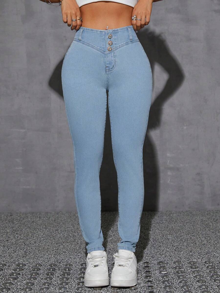 SHEIN EZwear Women Button Waist Design Skinny Casual Versatile Jeans - Light Wash - View 1
