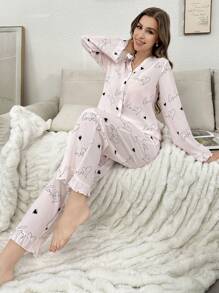 Women Heart Print Long Sleeve Button Up Top And Pants Pajama Set - Pink - View 3
