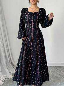 Al Najma 女式优雅迷你碎花灯笼袖阿拉伯风格长裙，秋季，端庄