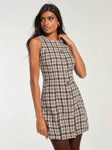 COSMINA Women's Houndstooth Print Crew Neck Single-Breasted Sleeveless Elegant Mini Dress