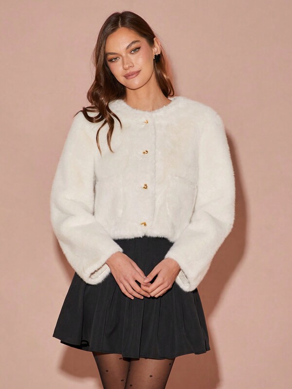 Enchnt Women's Front Button Long Sleeve Casual Faux Mink Short Jacket