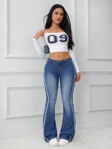 SHEIN Tall Women Jeans Blue Sexy Skinny Elastic Side Seam Web Flared Pants Low Waist Flared Pants New Years Leggings Tall Women Pants Women Tights Y2k Pants Women Jeans Low Rise Jeans Flare Leggings Leggings Flare Tall Women Pants Low Rise Flare Jeans