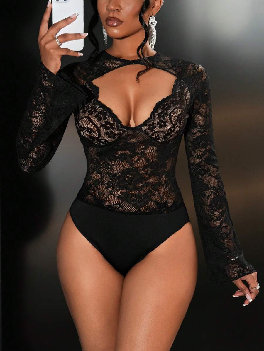 Slaydiva Black Lace Music Festival Sheer Sexy Deep V Long Sleeve Women Blouse, Winter