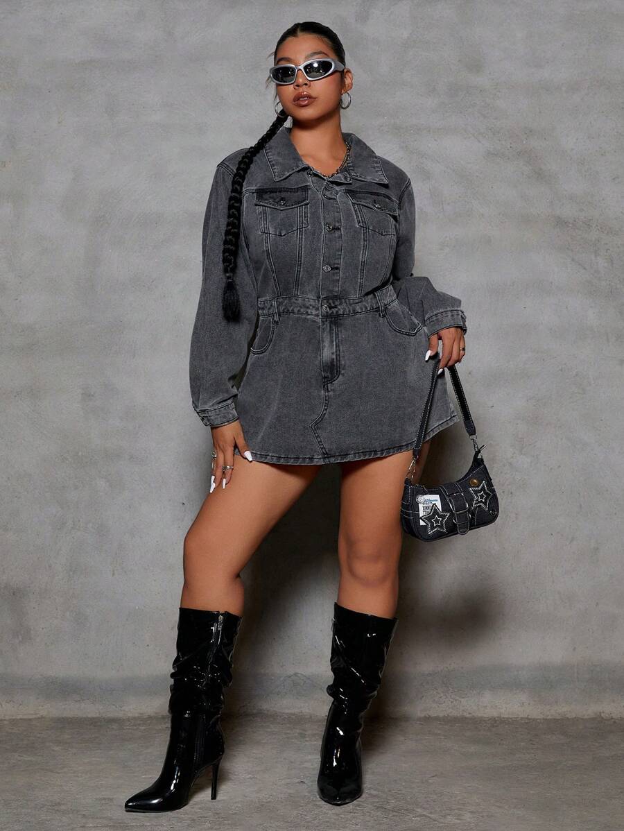 SHEIN ICON Plus Size Front Button Long Sleeve Casual Denim Overall Dress, Washed And Non-Stretch - Grey - View 1