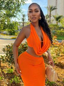 BamGleam 女士性感 Crowl 吊带背心 V 领吊带上衣和超长裙两件套，适合俱乐部派对装 - 橘色 - 查看 7