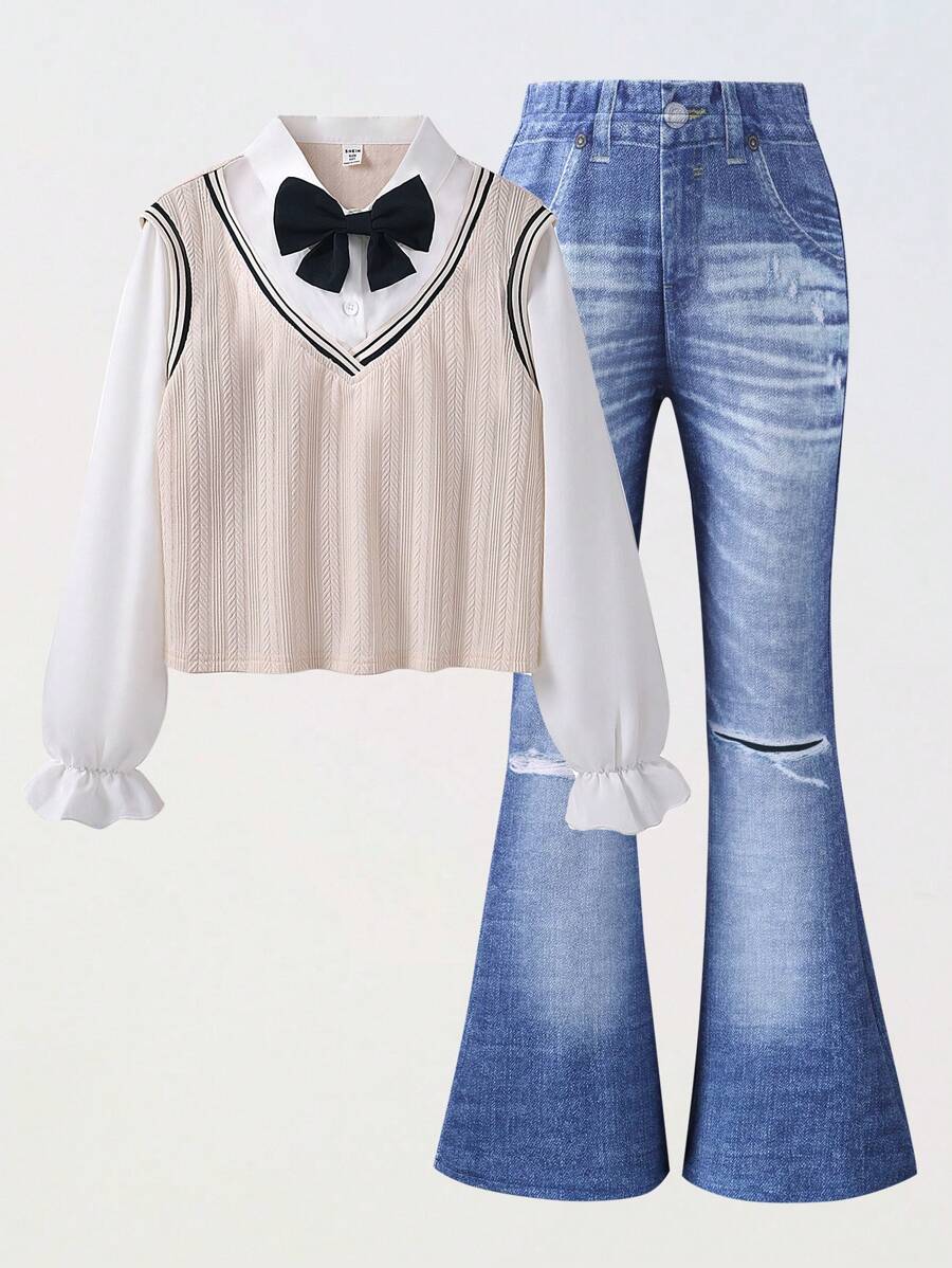 SHEIN Tween Girls 2 Pcs Set - Shirt-Style Tank Top & Flared Print Pants With Scarf - Apricot - View 1