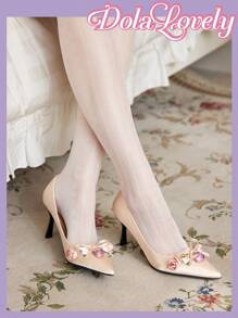 Dola Lovely Escarpins femme à talons hauts, à bout pointu avec nœud rose unicolore et fleurs 3D, chaussures plates à bride arrière