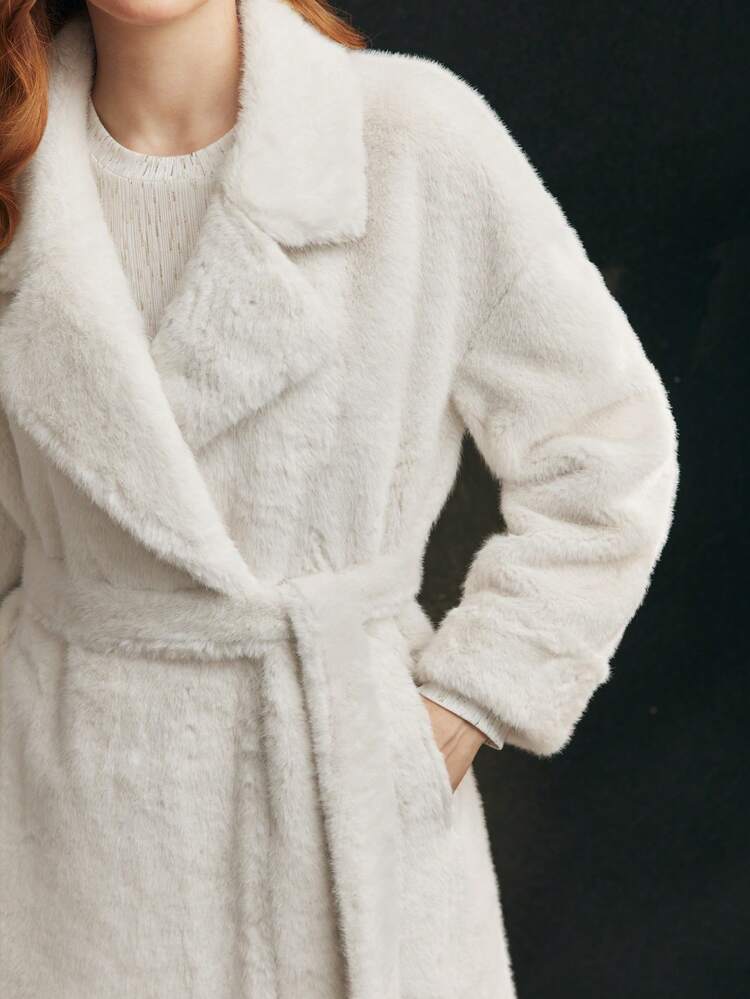 FLUFFY SOLID LAPEL COLLAR SLANT POCKET LONG COAT