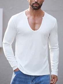 Manfinity Homme Men Solid Color Round Neck Long Sleeve Plain T-Shirt, Casual And Fashionable For Everyday Wear, For Gym